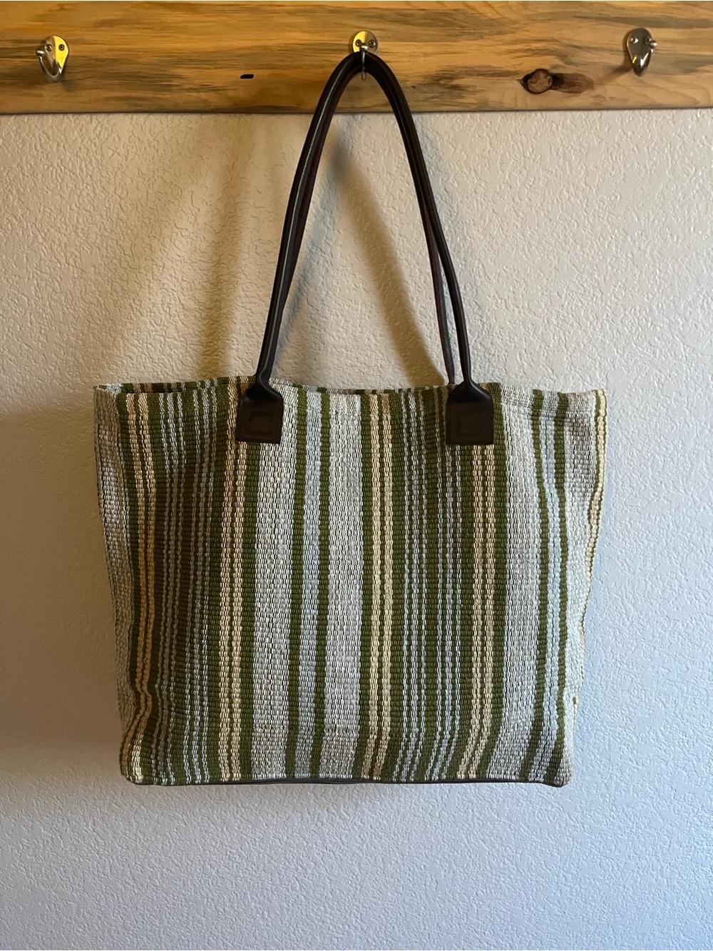 Dash & Albert Rug Co. Hand Woven Striped Large Tote Bag Leather Handles and Base